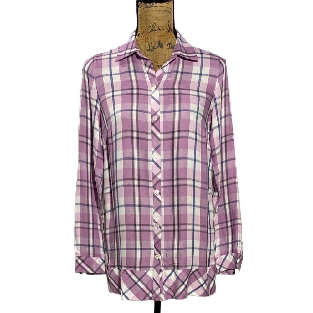 J Jill XS Button Down Shirt Tunic White Black Blue Purple Plaid Long Sl Casual